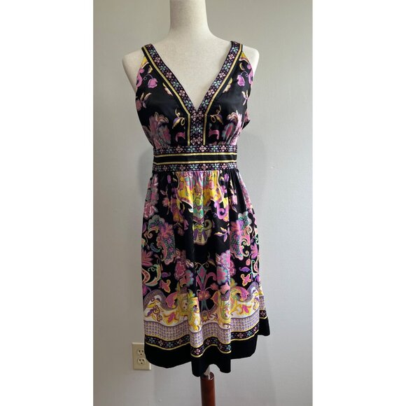 Y2K ICE Satin Sleeveless Fit and Flare Dress Womens 10 Black Floral Print V-Neck - Picture 1 of 6